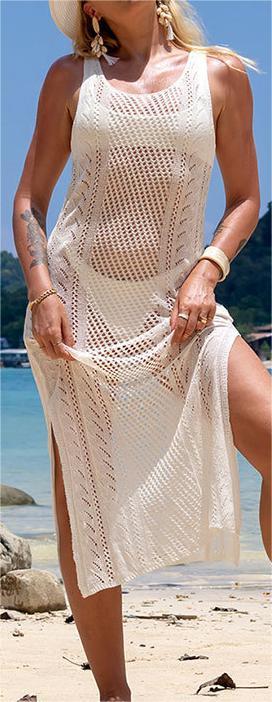 Vest-Style Knitted Dress Sexy Hollow Out Cutout Beach Dress Seaside Vacation Bikini Jacket Swimsuit Sun Protection Clothing - Divinerebel