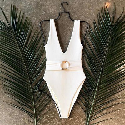 One-Piece Swimsuit Solid Color Belt Amber Ring One-Piece Swimsuit - Divinerebel