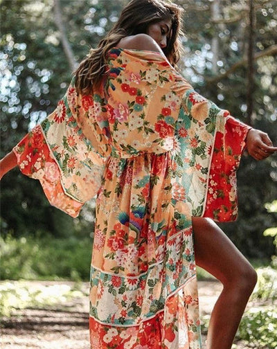 Chiffon Printed Loose Oversized Cardigan Beach Dress Bikini Cover Vacation Dress Sun Protection Shirt - Divinerebel