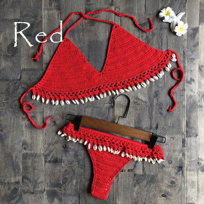 Beach Ins Hand Crocheting Cotton Woven Sexy Bikini Shell Split Swimsuit - Divinerebel