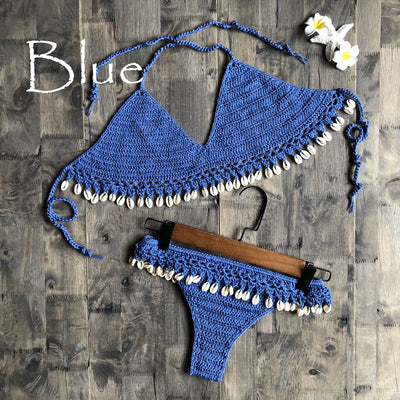 Beach Ins Hand Crocheting Cotton Woven Sexy Bikini Shell Split Swimsuit - Divinerebel