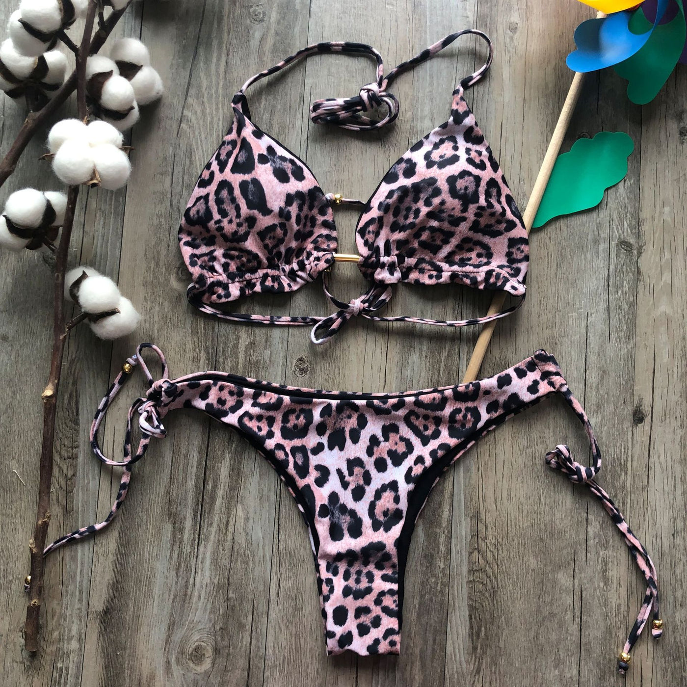 New Leopard Print Bikini Solid Color Women Swimsuit Sexy Lace-up Swimwear  Split Bikini - Divinerebel