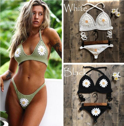 Handmade Woven Hollowed Knitted Women Sexy Bikini Split Swimsuit Set - Divinerebel