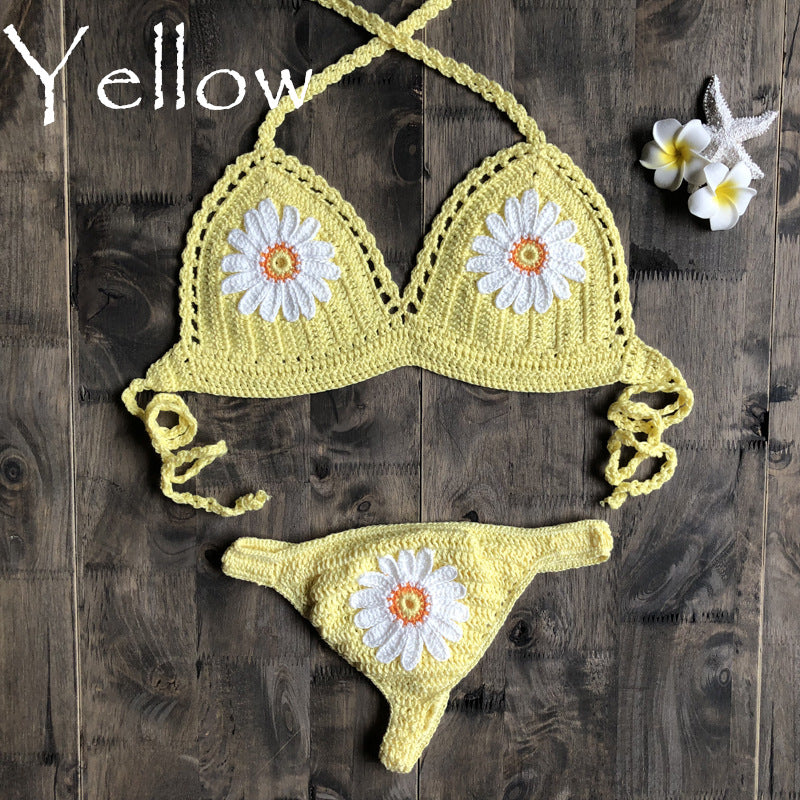 Handmade Woven Hollowed Knitted Women Sexy Bikini Split Swimsuit Set - Divinerebel