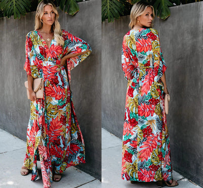 Large Floral Beach Cover-up Vacation Sun Protection Shirt Robe Dress Bikini Blouse - Divinerebel