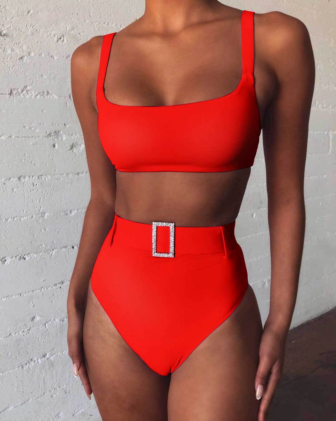 Solid Color High Waist Sexy Imitation Diamond Bikini Split Swimsuit Swimwear - Divinerebel