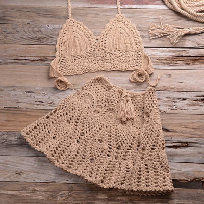 Hand Crocheting Bikini Wrapped Chest with Sexy All-Matching Hollow Out Cutout Pleated Skirt Split Swimsuit - Divinerebel