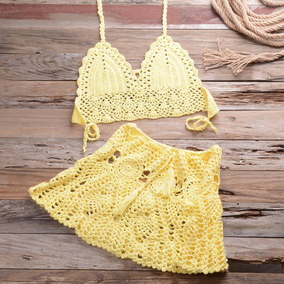 Hand Crocheting Bikini Wrapped Chest with Sexy All-Matching Hollow Out Cutout Pleated Skirt Split Swimsuit - Divinerebel