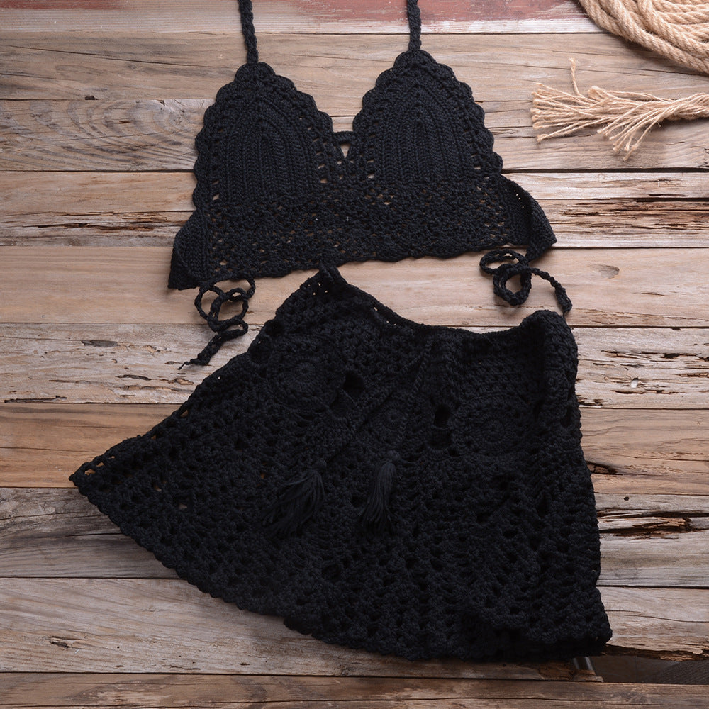 Hand Crocheting Bikini Wrapped Chest with Sexy All-Matching Hollow Out Cutout Pleated Skirt Split Swimsuit - Divinerebel