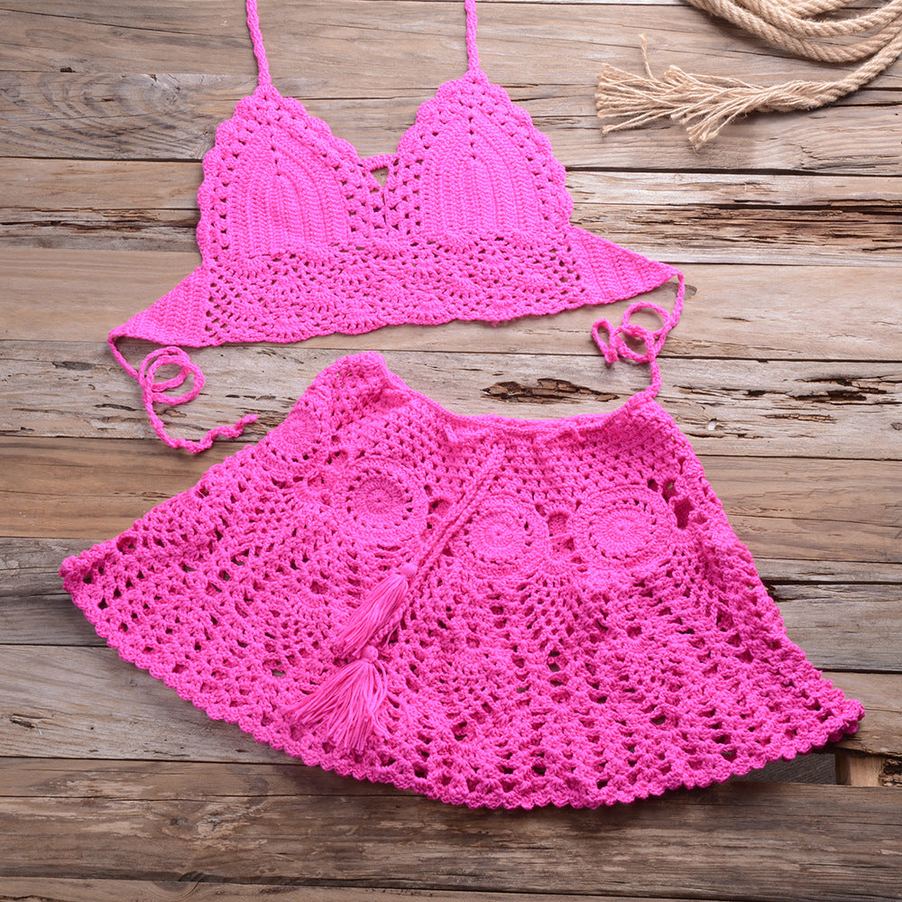 Hand Crocheting Bikini Wrapped Chest with Sexy All-Matching Hollow Out Cutout Pleated Skirt Split Swimsuit - Divinerebel