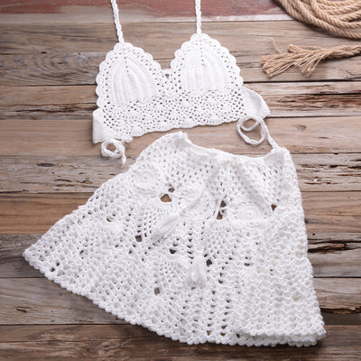 Hand Crocheting Bikini Wrapped Chest with Sexy All-Matching Hollow Out Cutout Pleated Skirt Split Swimsuit - Divinerebel