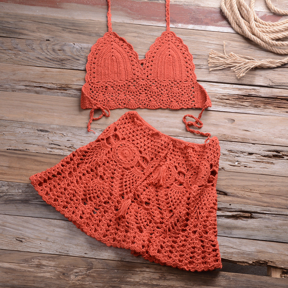 Hand Crocheting Bikini Wrapped Chest with Sexy All-Matching Hollow Out Cutout Pleated Skirt Split Swimsuit - Divinerebel