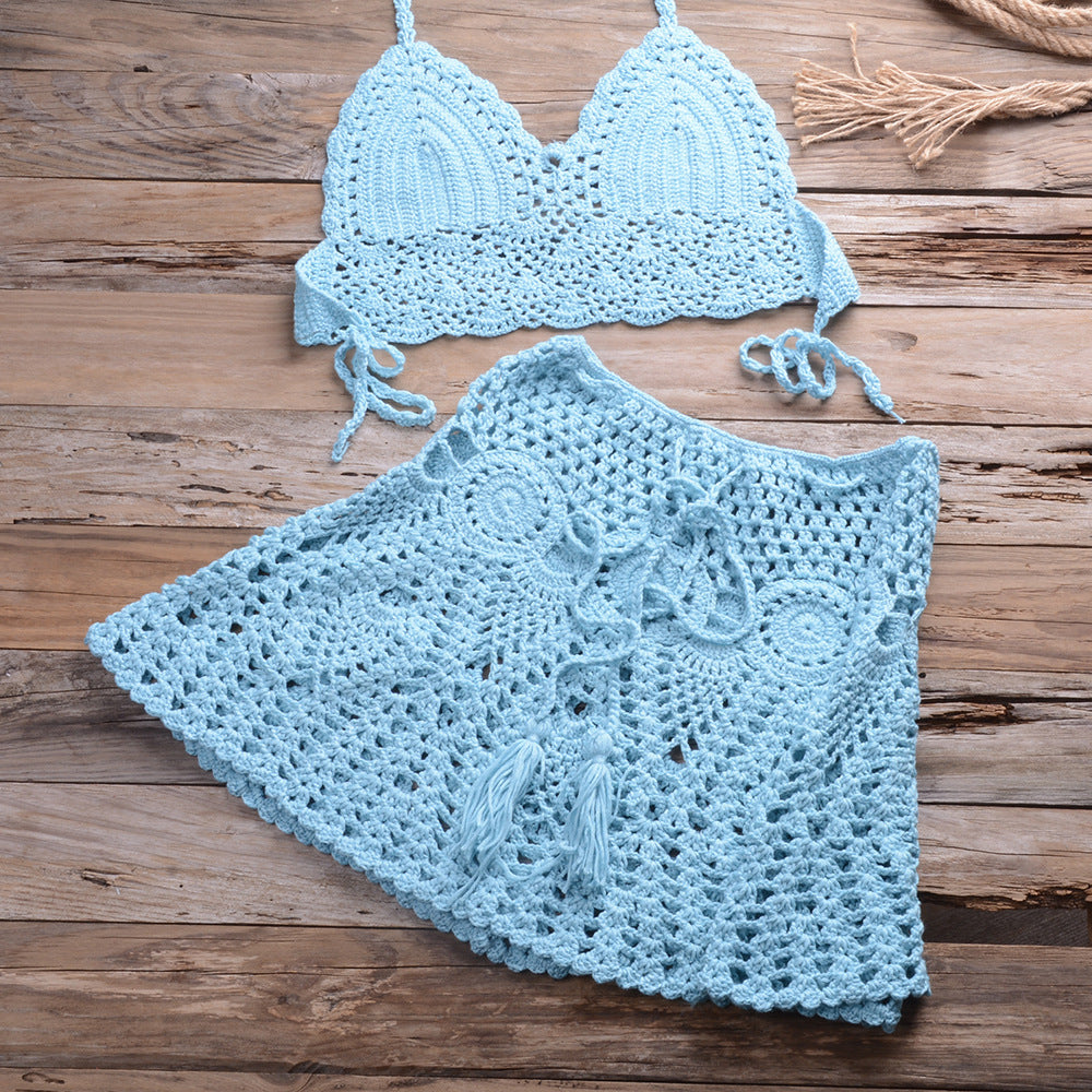 Hand Crocheting Bikini Wrapped Chest with Sexy All-Matching Hollow Out Cutout Pleated Skirt Split Swimsuit - Divinerebel