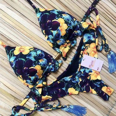 Bikini Strap Printing Sexy Bikini Exposed Back Split Swimsuit Female - Divinerebel