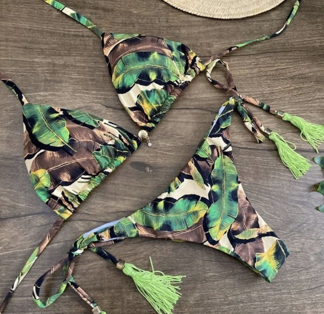 Bikini Strap Printing Sexy Bikini Exposed Back Split Swimsuit Female - Divinerebel