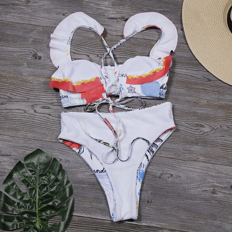 Flounced Printed Split Swimsuit Bikini - Divinerebel