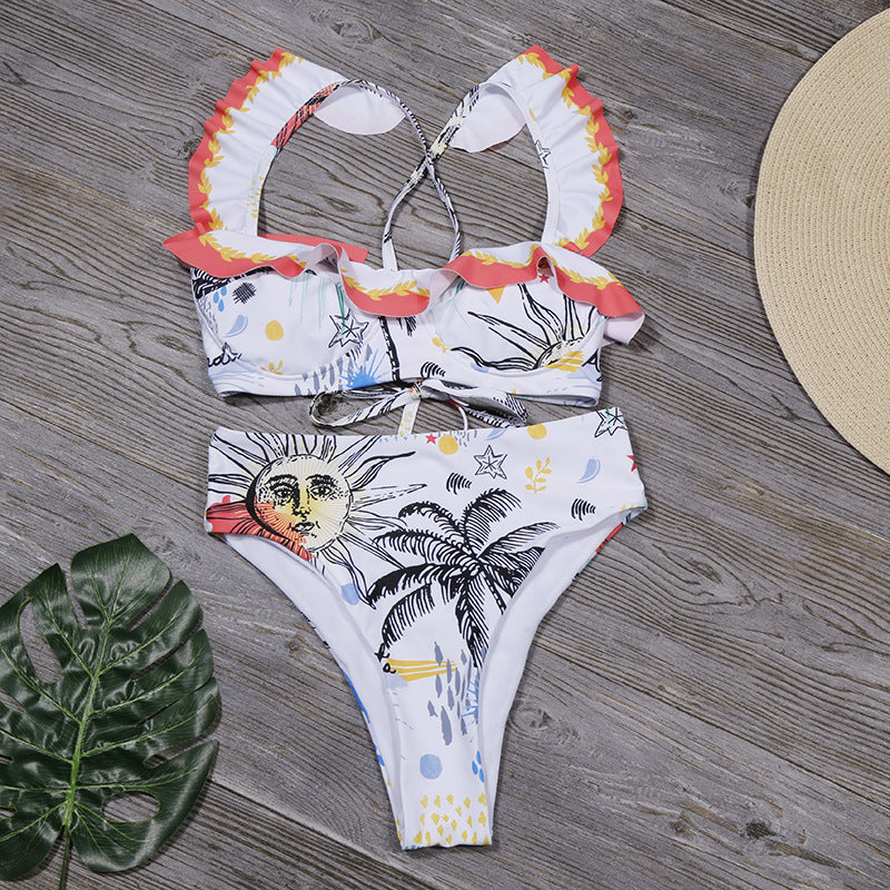 Flounced Printed Split Swimsuit Bikini - Divinerebel