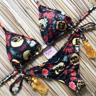 Bikini Strap Printing Sexy Bikini Exposed Back Split Swimsuit Female - Divinerebel