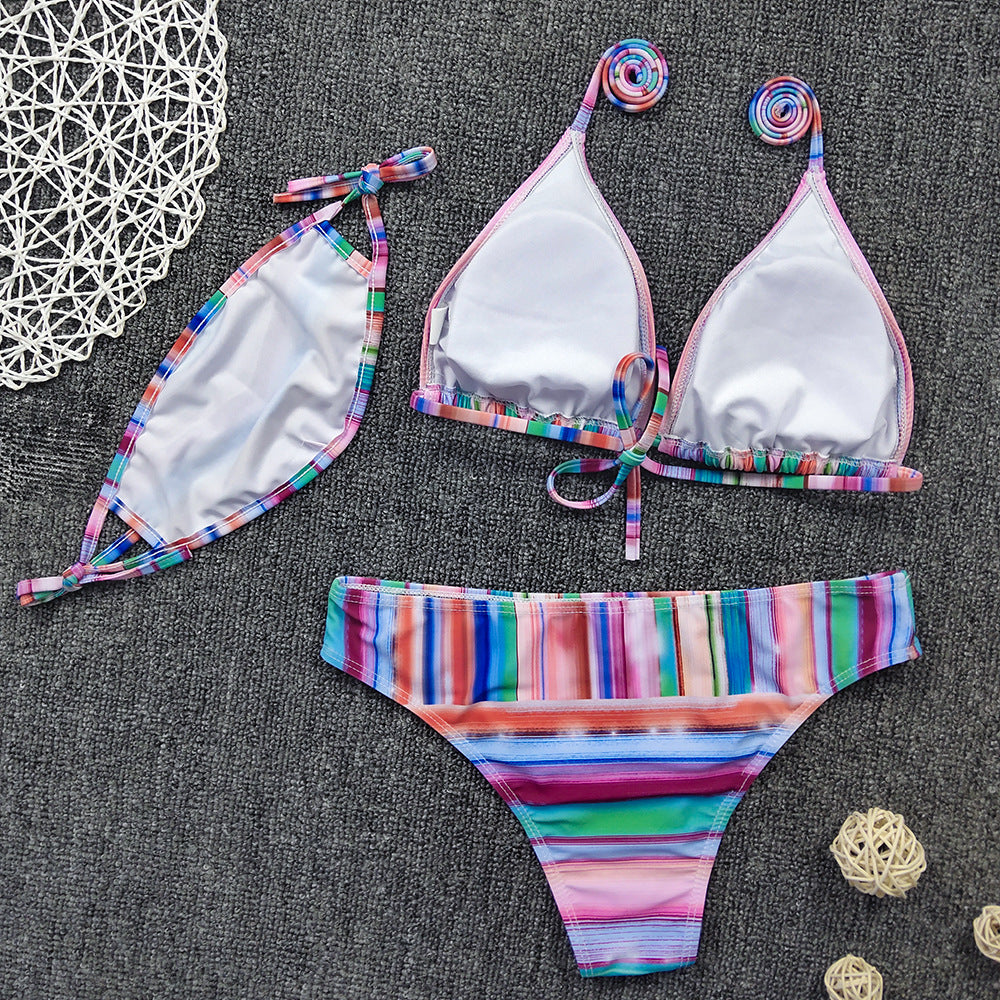 Women Bikini Sexy Fashion Positioning Striped Printed Bikini Three-Piece Set with Mask - Divinerebel