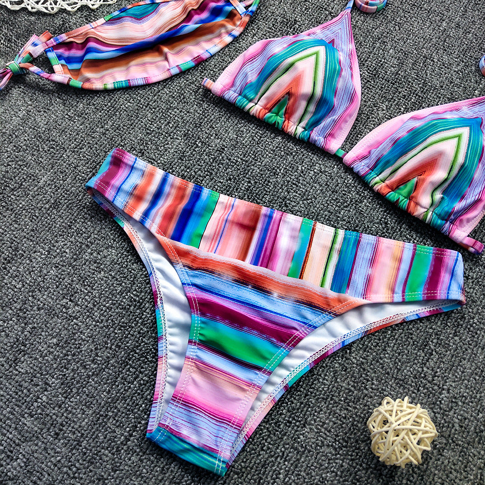 Women Bikini Sexy Fashion Positioning Striped Printed Bikini Three-Piece Set with Mask - Divinerebel