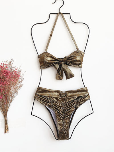 Bikini Double Swimsuit Bow Bikini Gold Silk Swimsuit High Waist Swimsuit - Divinerebel