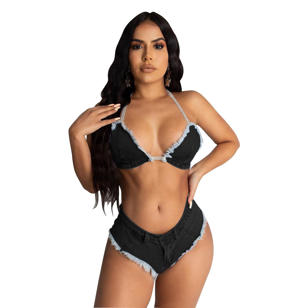 Women Clothing Sexy Bikini Tassel Tether Denim Two-Piece Suit - Divinerebel