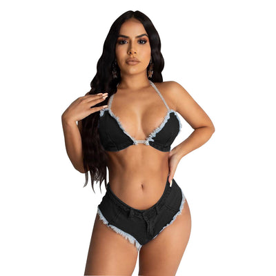 Women Clothing Sexy Bikini Tassel Tether Denim Two-Piece Suit - Divinerebel