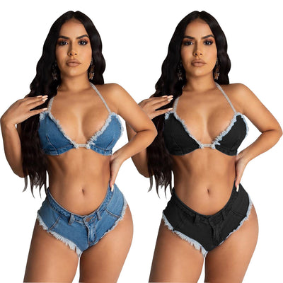 Women Clothing Sexy Bikini Tassel Tether Denim Two-Piece Suit - Divinerebel