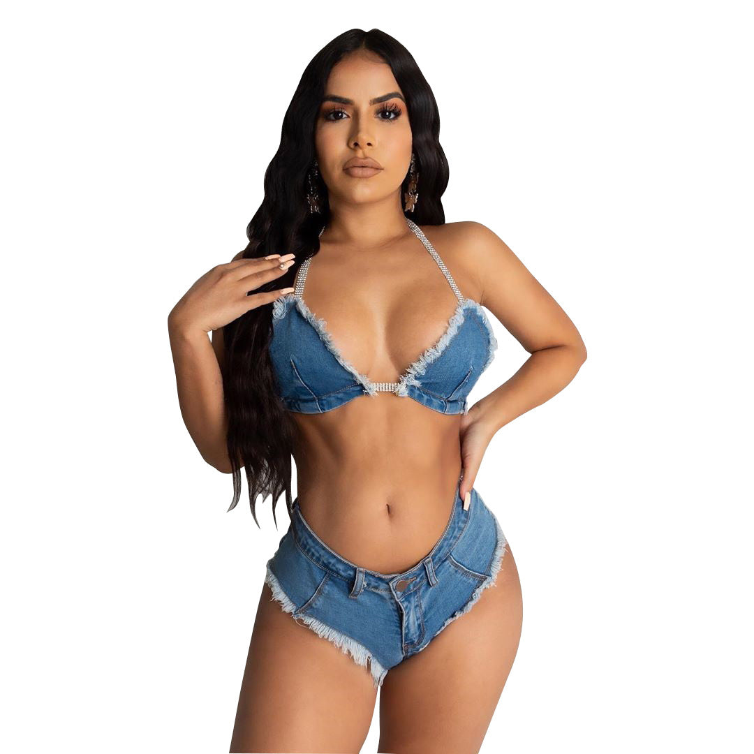 Women Clothing Sexy Bikini Tassel Tether Denim Two-Piece Suit - Divinerebel