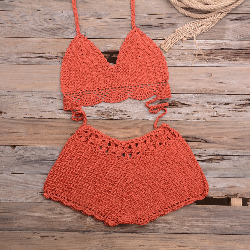 Sports Outdoor Beach Vacation Hand Crocheting Woven Lace Hollow Out Cutout Split Bikini Swimsuit - Divinerebel