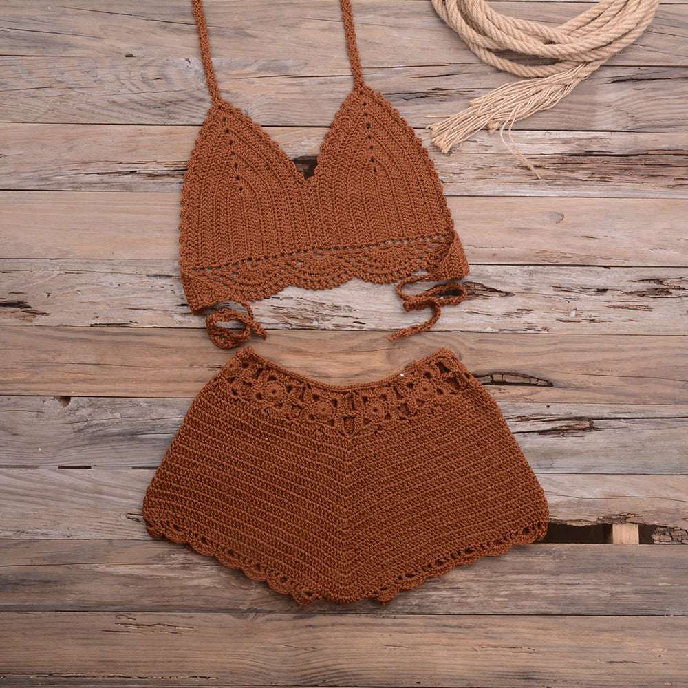 Sports Outdoor Beach Vacation Hand Crocheting Woven Lace Hollow Out Cutout Split Bikini Swimsuit - Divinerebel