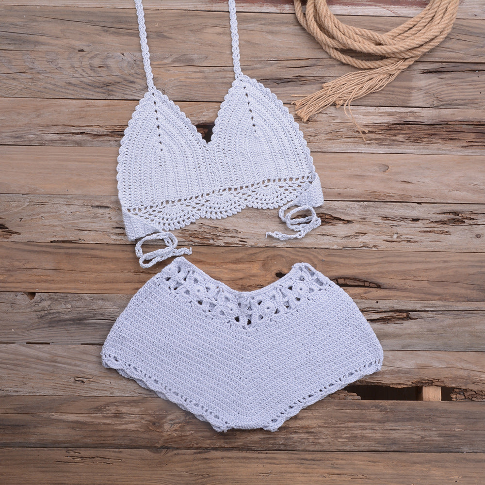 Sports Outdoor Beach Vacation Hand Crocheting Woven Lace Hollow Out Cutout Split Bikini Swimsuit - Divinerebel