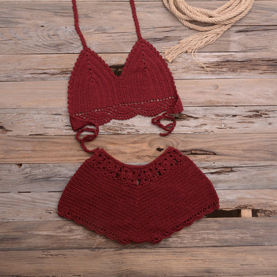 Sports Outdoor Beach Vacation Hand Crocheting Woven Lace Hollow Out Cutout Split Bikini Swimsuit - Divinerebel