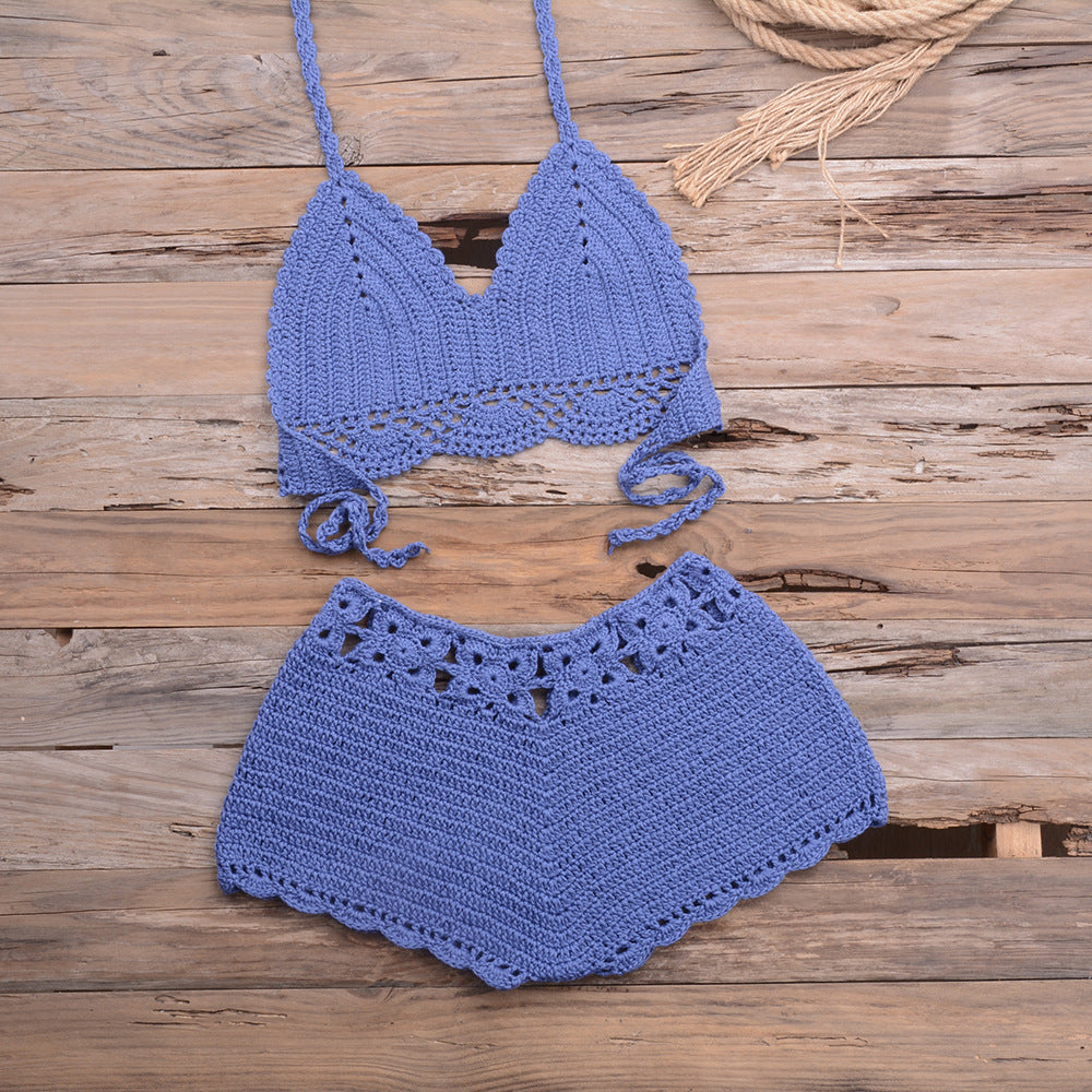 Sports Outdoor Beach Vacation Hand Crocheting Woven Lace Hollow Out Cutout Split Bikini Swimsuit - Divinerebel