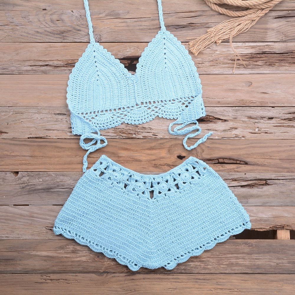 Sports Outdoor Beach Vacation Hand Crocheting Woven Lace Hollow Out Cutout Split Bikini Swimsuit - Divinerebel