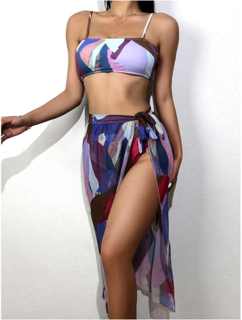 Bandeau High waist Color block Print Skirts 3 piece swimset Elegant bikini swimsuit women swimwear female bathing suit - Divinerebel