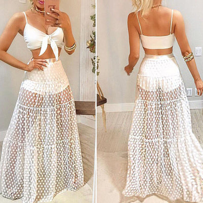 Polka dot Beach-ups High waist long skirts Sexy see through summer women swimsuit bikini cover up Elegant Beach skirt - Divinerebel