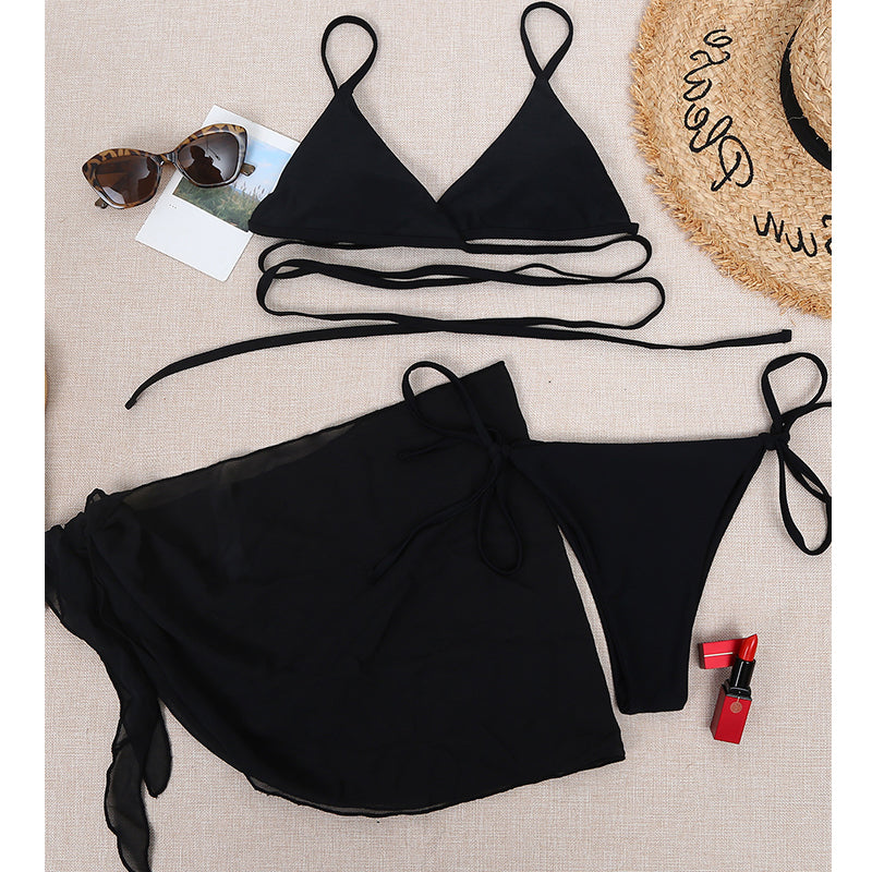 Sexy solid triangle bikini set 3 pieces mesh skirt swimsuit women String lace up swimming suit High cut swimwear female - Divinerebel