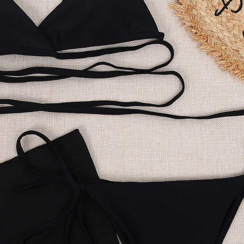 Sexy solid triangle bikini set 3 pieces mesh skirt swimsuit women String lace up swimming suit High cut swimwear female - Divinerebel