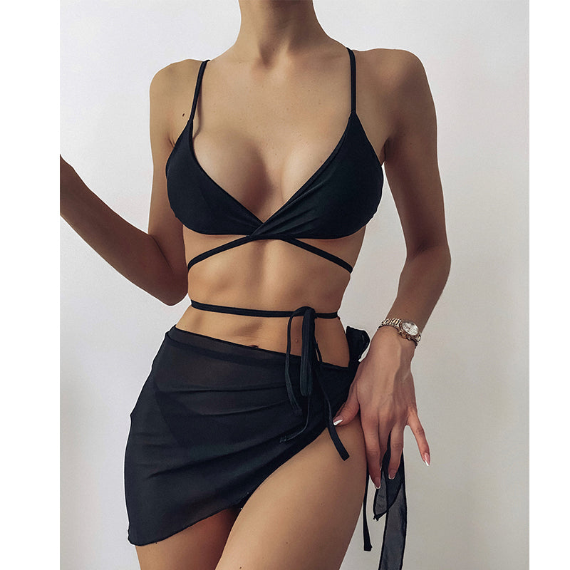 Sexy solid triangle bikini set 3 pieces mesh skirt swimsuit women String lace up swimming suit High cut swimwear female - Divinerebel