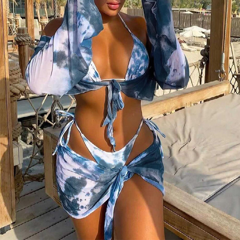 Long Sleeve Tie Dye Bikini Mesh Skirt Swimsuit Women String High Cut Swimwear Triangle Micro Bathing Suit Swimming New - Divinerebel