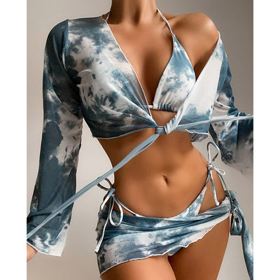 Long Sleeve Tie Dye Bikini Mesh Skirt Swimsuit Women String High Cut Swimwear Triangle Micro Bathing Suit Swimming New - Divinerebel