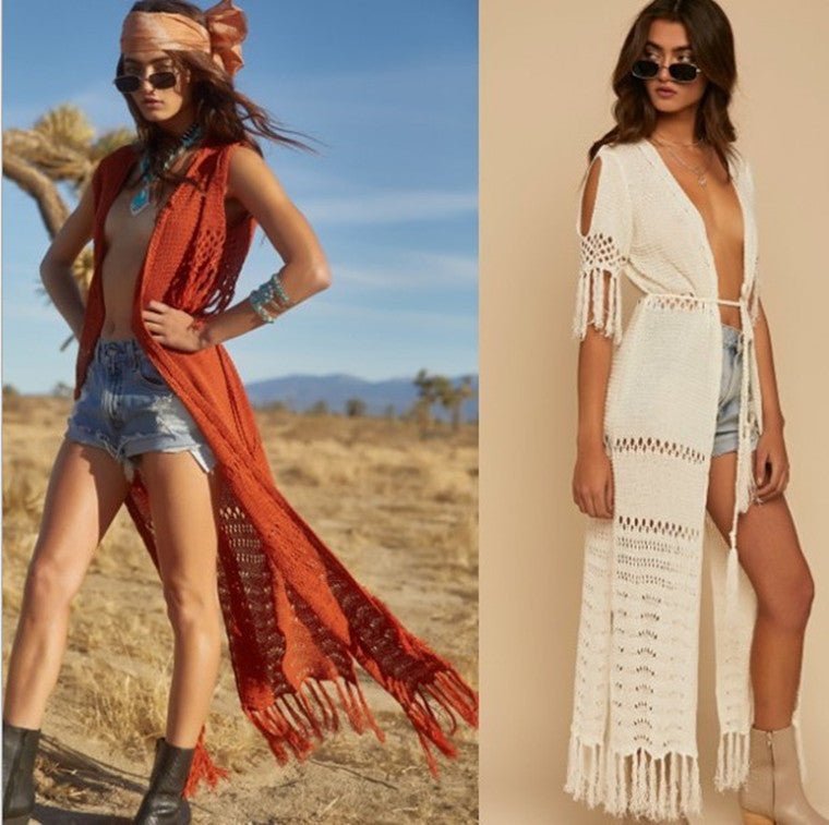 Knitted Tassel Beach Cover-up Sexy Hollow Out Cutout Cardigan Vacation Robe Bikini Cover - Divinerebel