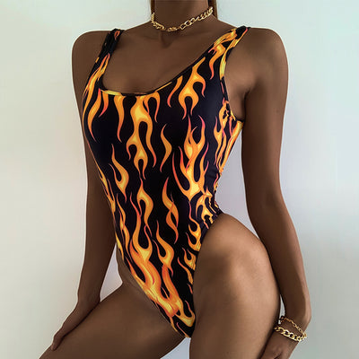 Fire Print Retro Sexy Swimsuit Female High Cut Bodysuit One-Piece Suit Women One Piece Swimsuit Push Up Swimwear - Divinerebel