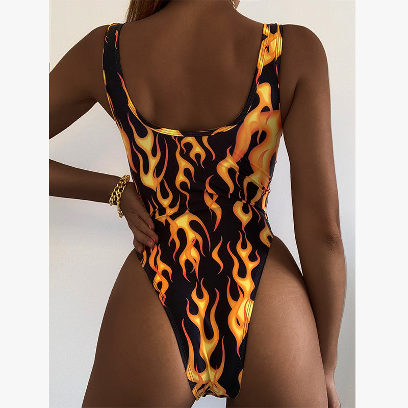 Fire Print Retro Sexy Swimsuit Female High Cut Bodysuit One-Piece Suit Women One Piece Swimsuit Push Up Swimwear - Divinerebel