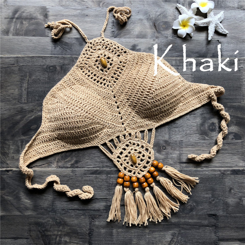 Hand Crocheting Bikini Backless Halter Bra Beach Swimsuit Yoga Tops - Divinerebel