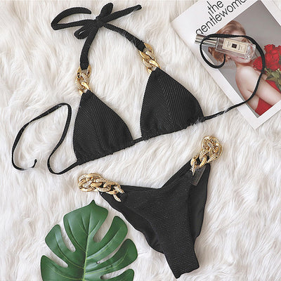 Halter Retro Bikinis Triangle Swimsuit Women Diamond Chain Bathing Suits Conjunto Biquinis Feminino Trajes De BañO Mujer - Divinerebel