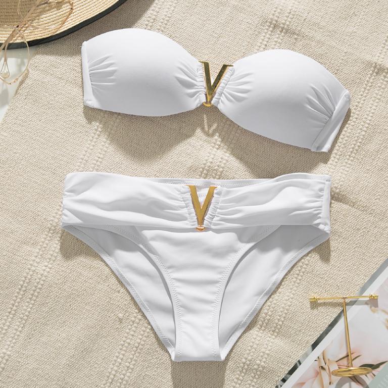 White Push Up Woman Swimsuit Summer Beach Sexy Bikini Set Solid Swimming Suit For Women Swimwear Bandeau Bathing Suit - Divinerebel