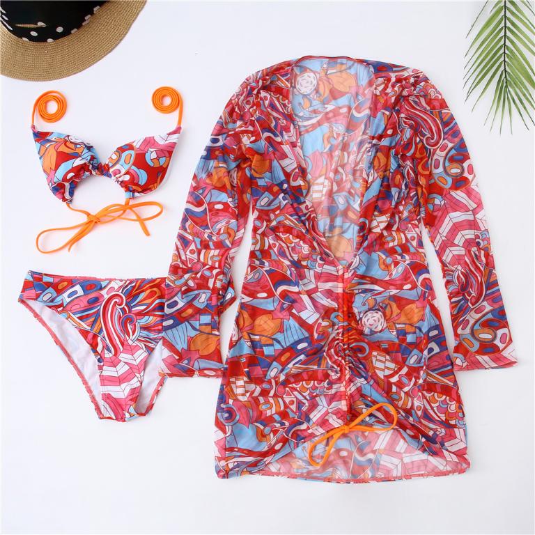 Print Bikini Sexy Mesh Cover Up 3 Piece Swimsuit Women String Bathing Suits - Divinerebel