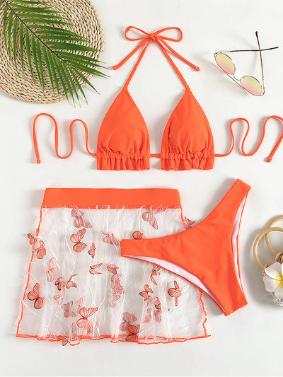 Orange Bikini Set Triangle 3 Piece Swimsuit Women Ruffle Bathing Suits Swimwear - Divinerebel